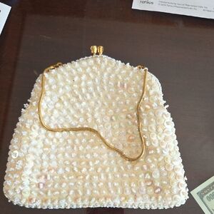 Pearl-Studded Cream Clutch with Gold Chain